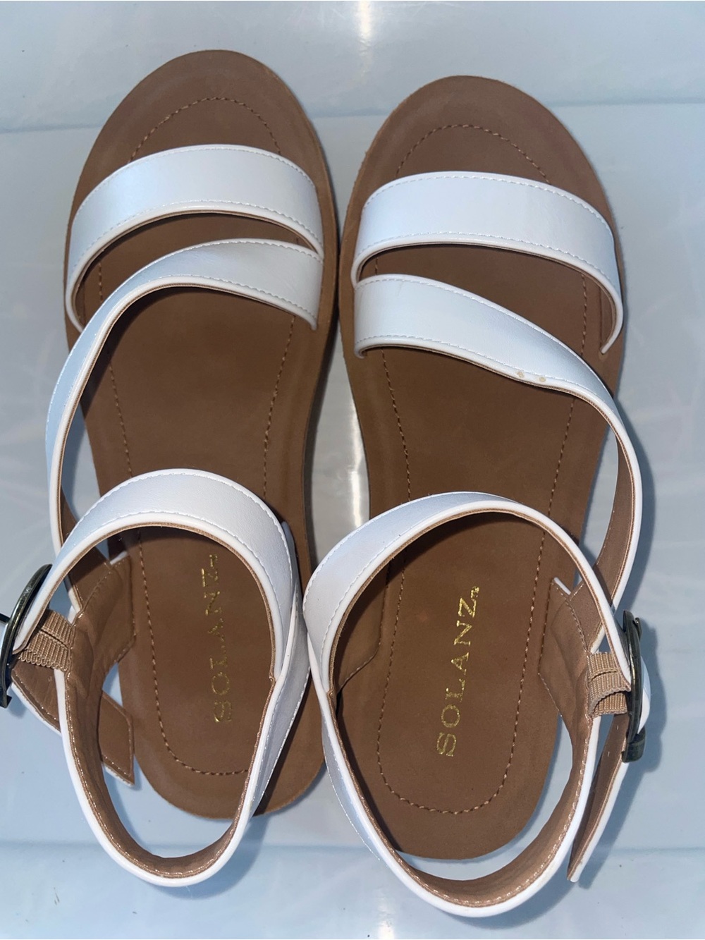 Solanz White Double Strap Ankle Strap Flat Sandals | Size 7M